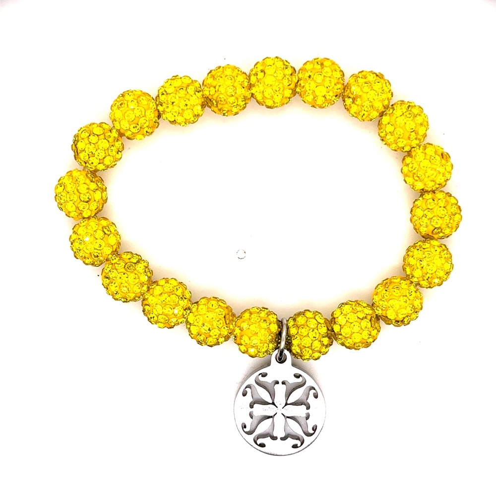 Rustic Cuff Yellow Pave Disco Ball Beaded Stretch Bracelet Silver Tone Charm